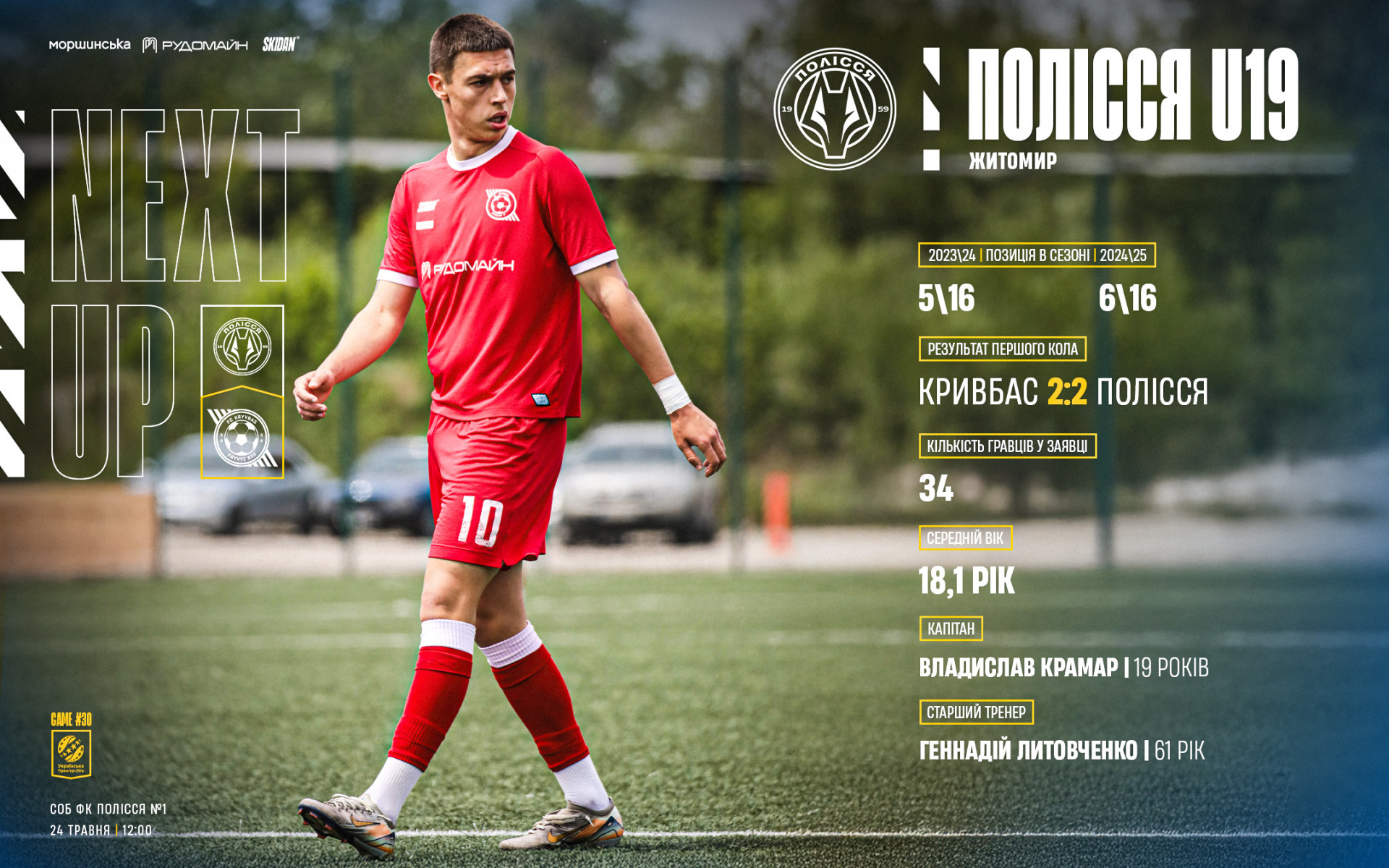 "Полісся" U-19 - "Кривбас" U-19: 24 травня о 12:00}