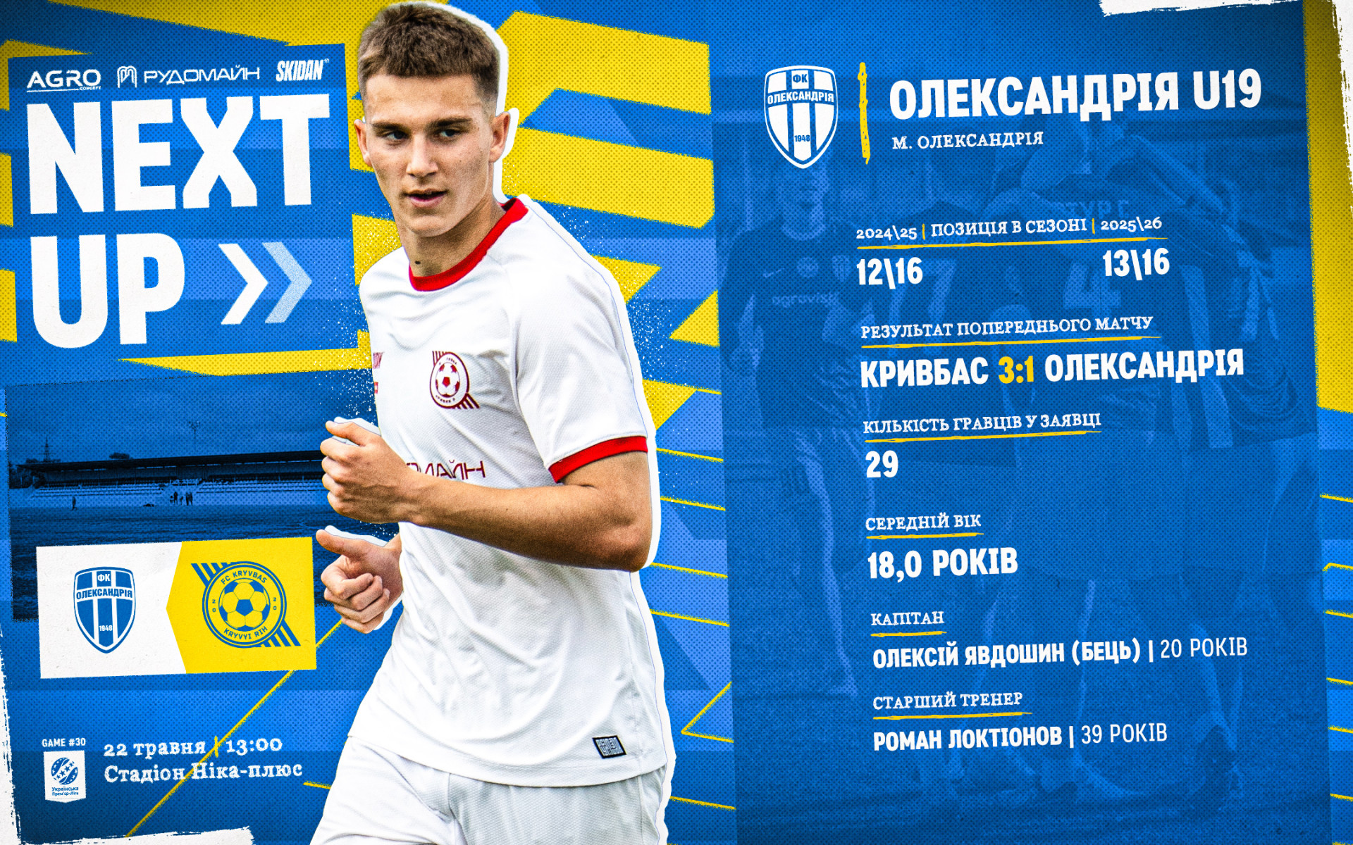 "Олександрія" U-19 - "Кривбас" U-19: 22 травня о 13:00